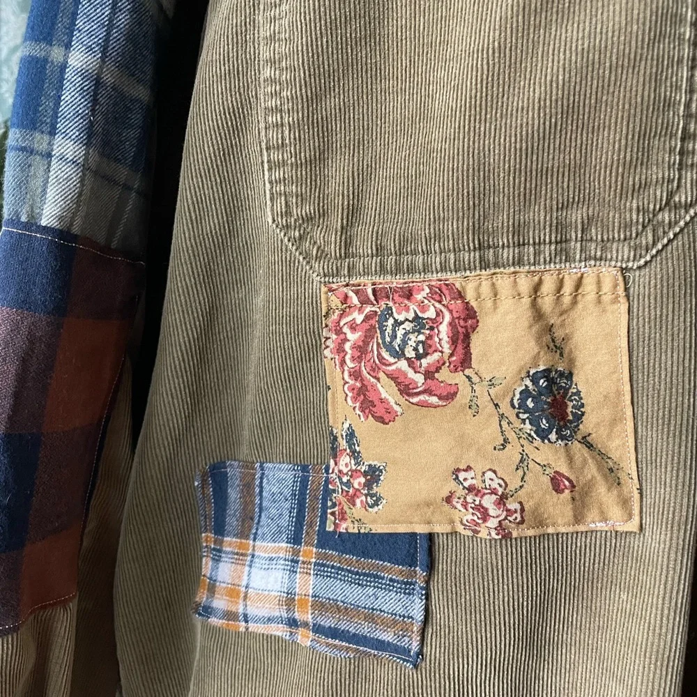 Boho retro upcycled plaid floral graphic patchwork corduroy Dockers button down - Picture 5 of 16